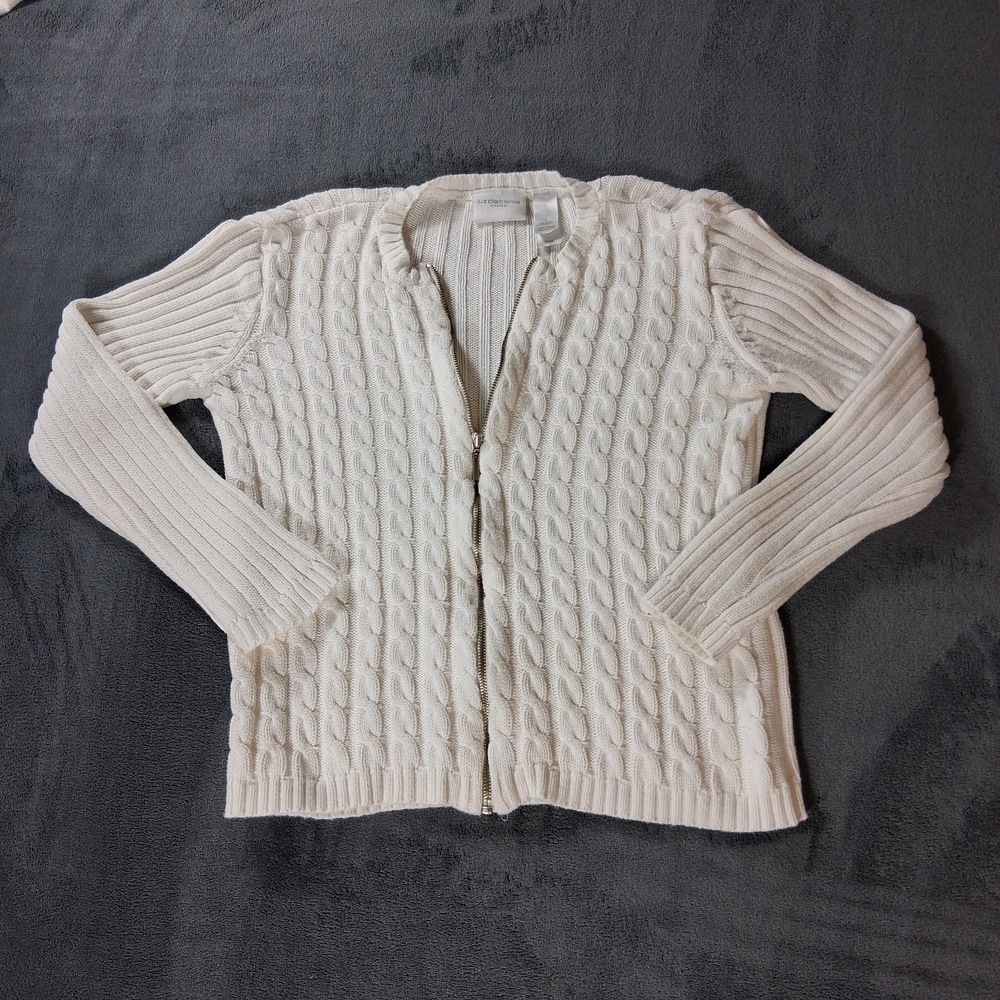 Liz Claiborne LizSport Cable Knit Zip Cardigan Sweater Womens L Ivory Cotton